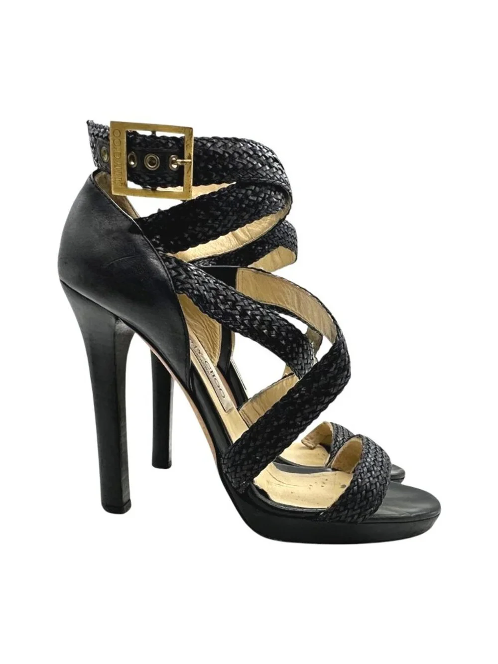 Jimmy Choo Vamp Strappy Platform Sandals 37.5 7.5 Braided Criss Cross High Heel